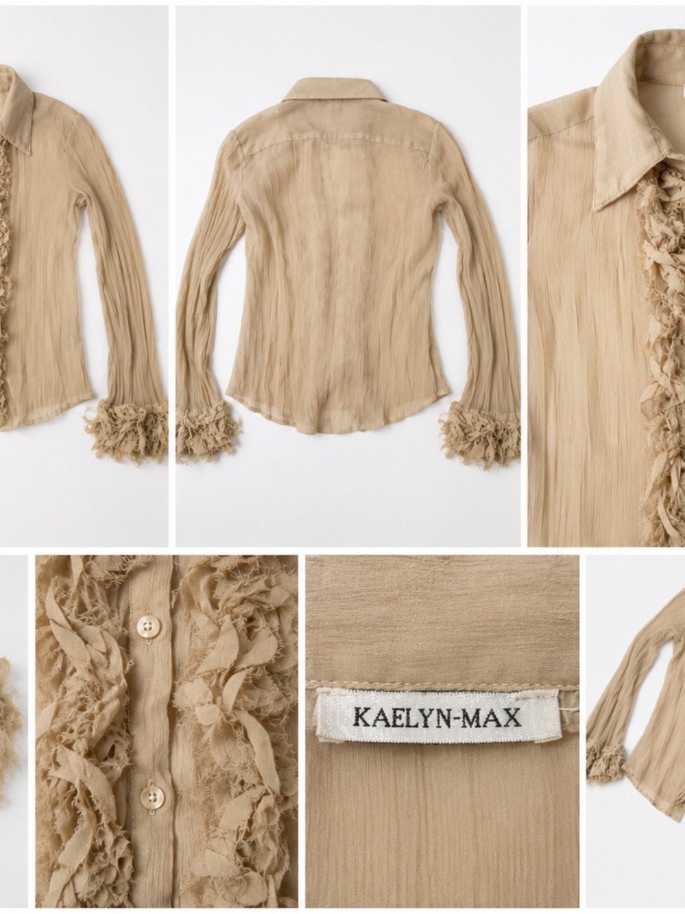 KAELYN-MAX Women's Ruffled Long-Sleeve Blouse in Beige